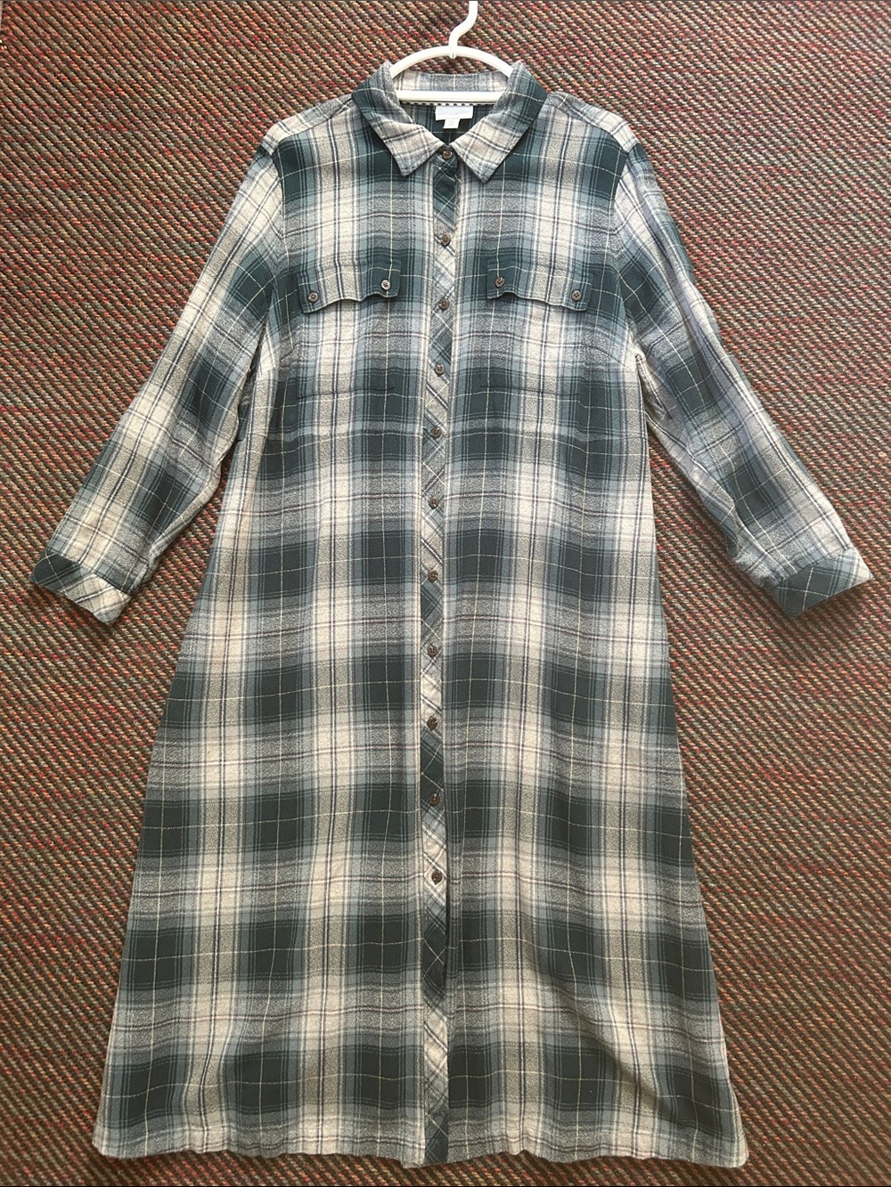 J Jill Plaid Button Front Shirt Dress Green White Gray XLP Petite Cotton